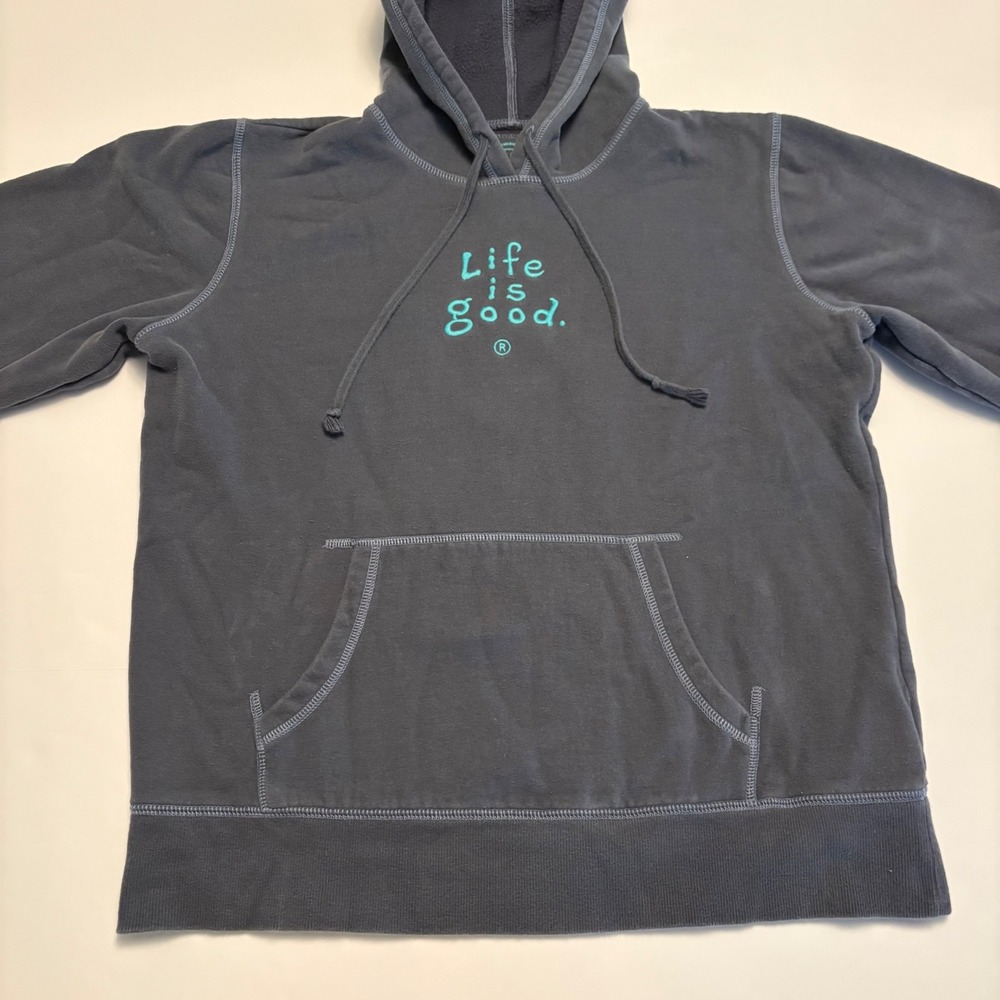 Life is Good Hoodie Women Large Blue Classic Fit Embroidered Fleece Pullover
